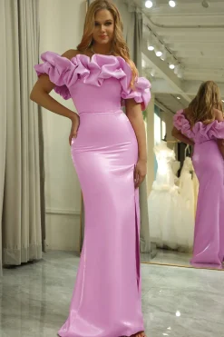 Glitter Mermaid Off the Shoulder Pink Long Prom Dress With Slit
