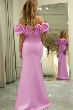 Glitter Mermaid Off the Shoulder Pink Long Prom Dress With Slit