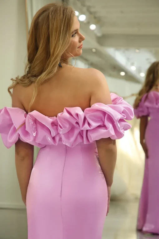 Glitter Mermaid Off the Shoulder Pink Long Prom Dress With Slit