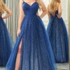 Glitter Navy A-line Spaghetti Strap Tulle Long Prom Dress with Slit