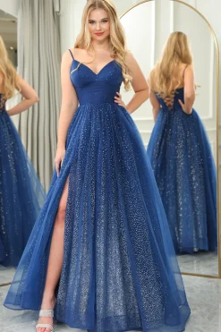 Glitter Navy A-line Spaghetti Strap Tulle Long Prom Dress with Slit