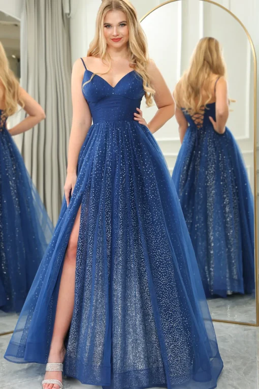 Glitter Navy A-line Spaghetti Strap Tulle Long Prom Dress with Slit