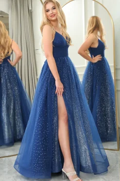 Glitter Navy A-line Spaghetti Strap Tulle Long Prom Dress with Slit