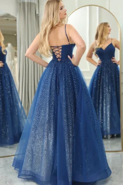 Glitter Navy A-line Spaghetti Strap Tulle Long Prom Dress with Slit