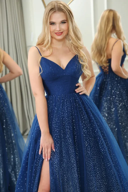Glitter Navy A-line Spaghetti Strap Tulle Long Prom Dress with Slit