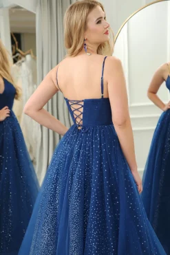 Glitter Navy A-line Spaghetti Strap Tulle Long Prom Dress with Slit