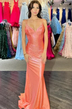 Glitter Orange Mermaid Spaghetti Straps Long Prom Dress with Beaded