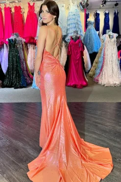 Glitter Orange Mermaid Spaghetti Straps Long Prom Dress with Beaded