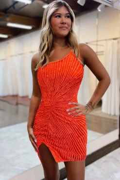 Glitter Orange One Shoulder Beaded Tight Homecoming Dress