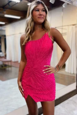 Glitter Orange One Shoulder Beaded Tight Homecoming Dress