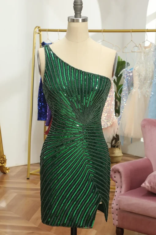 Glitter Orange One Shoulder Beaded Tight Homecoming Dress