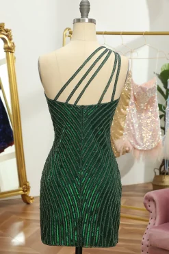 Glitter Orange One Shoulder Beaded Tight Homecoming Dress