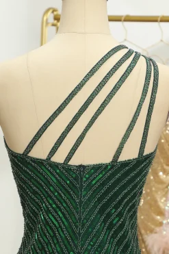 Glitter Orange One Shoulder Beaded Tight Homecoming Dress
