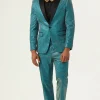 Glitter Peacock Blue Peak Lapel 2 Piece Men's Suits