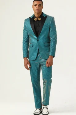 Glitter Peacock Blue Peak Lapel 2 Piece Men's Suits