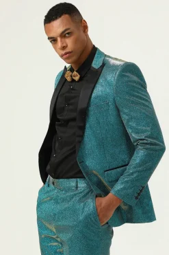 Glitter Peacock Blue Peak Lapel 2 Piece Men's Suits