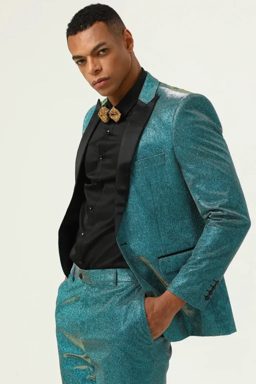 Glitter Peacock Blue Peak Lapel 2 Piece Men's Suits