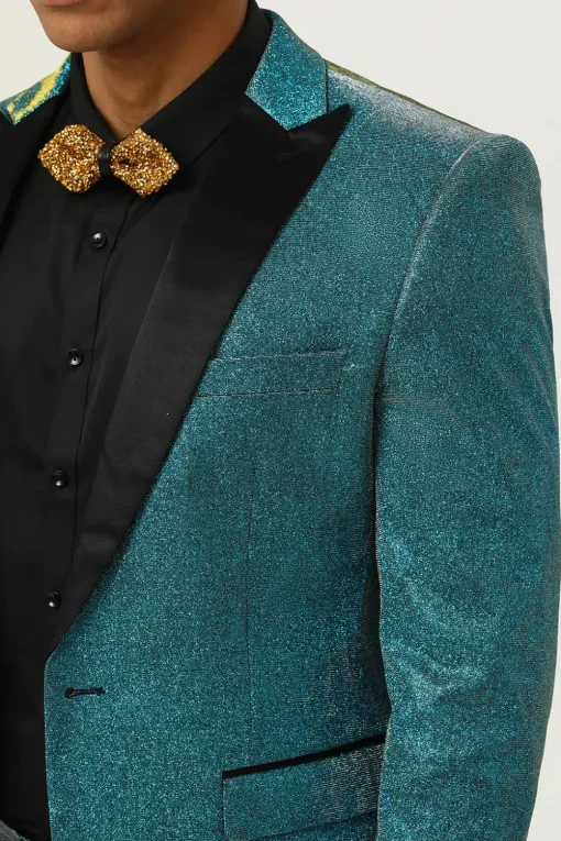 Glitter Peacock Blue Peak Lapel 2 Piece Men's Suits