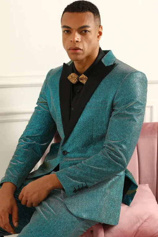 Glitter Peacock Blue Peak Lapel 2 Piece Men's Suits