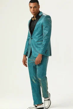 Glitter Peacock Blue Peak Lapel 2 Piece Men's Suits