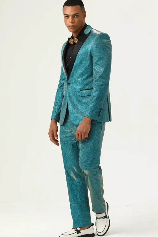 Glitter Peacock Blue Peak Lapel 2 Piece Men's Suits