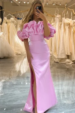 Glitter Pink Mermaid Off the Shoulder Long Prom Dress With Slit