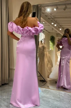 Glitter Pink Mermaid Off the Shoulder Long Prom Dress With Slit