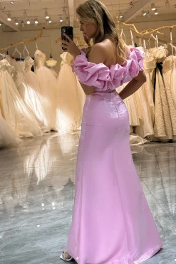 Glitter Pink Mermaid Off the Shoulder Long Prom Dress With Slit
