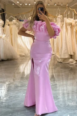 Glitter Pink Mermaid Off the Shoulder Long Prom Dress With Slit