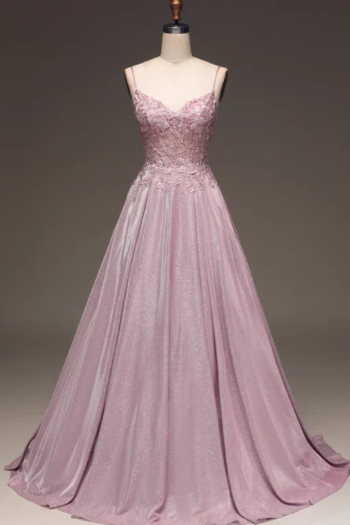 Glitter Spaghetti Straps Blush Prom Dress with Beading