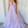 Glitter Spaghetti Straps Lavender Princess Prom Dress
