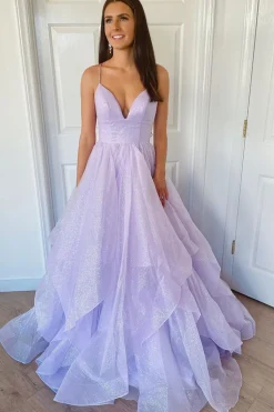 Glitter Spaghetti Straps Lavender Princess Prom Dress
