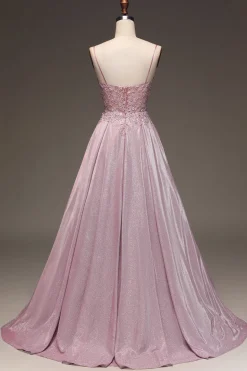 Glitter Spaghetti Straps Blush Prom Dress with Beading