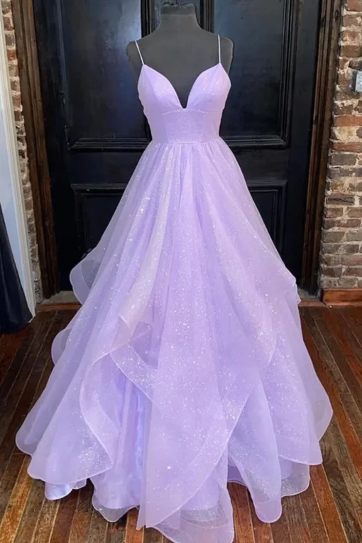 Glitter Spaghetti Straps Lavender Princess Prom Dress