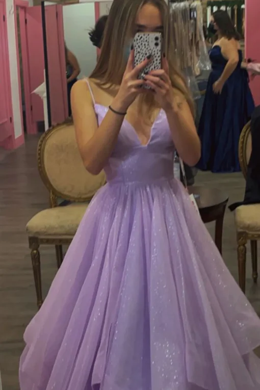 Glitter Spaghetti Straps Lavender Princess Prom Dress