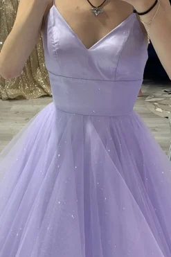 Glitter Spaghetti Straps Lavender Princess Prom Dress