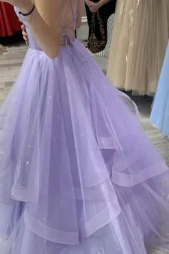 Glitter Spaghetti Straps Lavender Princess Prom Dress