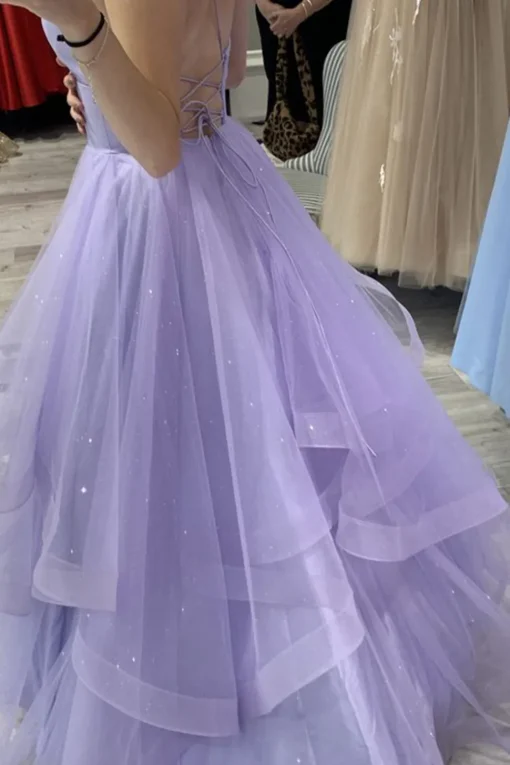 Glitter Spaghetti Straps Lavender Princess Prom Dress