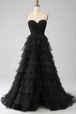 Glitter Sweetheart Black Corset Prom Dress with Slit
