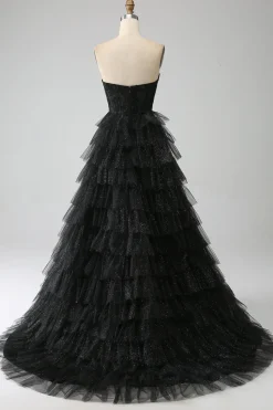 Glitter Sweetheart Black Corset Prom Dress with Slit