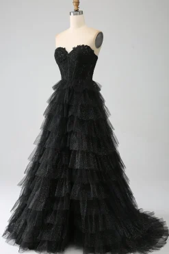 Glitter Sweetheart Black Corset Prom Dress with Slit