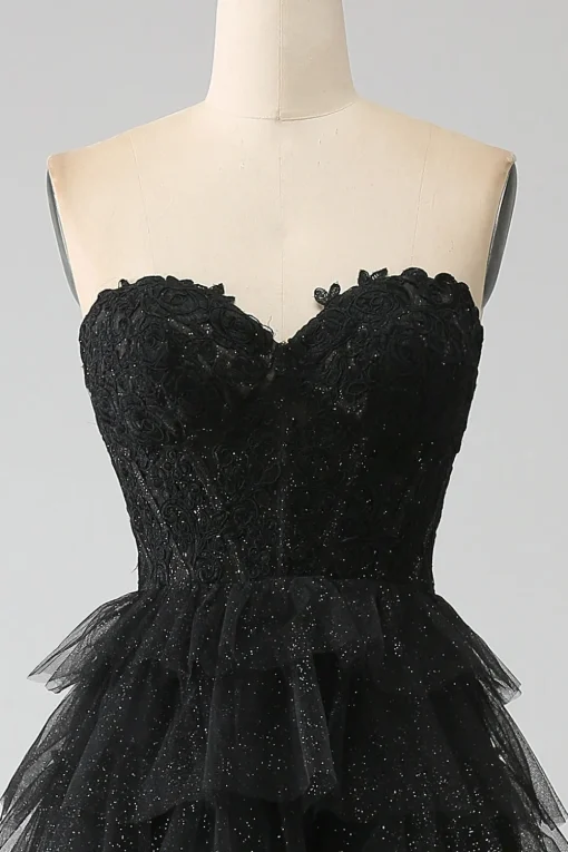 Glitter Sweetheart Black Corset Prom Dress with Slit