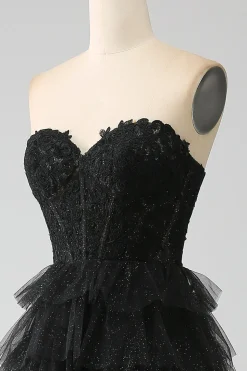 Glitter Sweetheart Black Corset Prom Dress with Slit