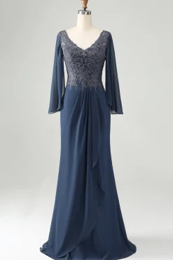 Glitter Twilight Mermaid V Neck Beaded Mother of Bride Dress with Appliques
