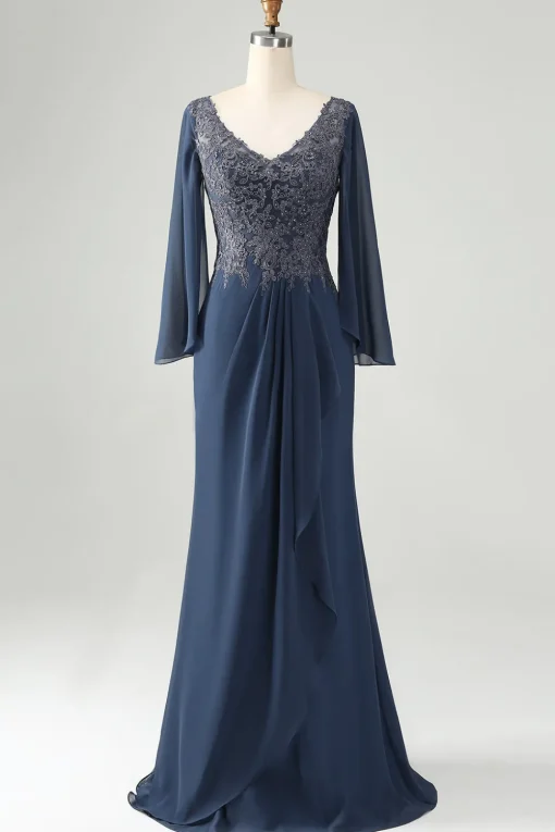 Glitter Twilight Mermaid V Neck Beaded Mother of Bride Dress with Appliques