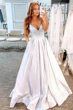 Glitter White Long Prom Dress with Pockets