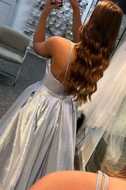 Glitter White Long Prom Dress with Pockets