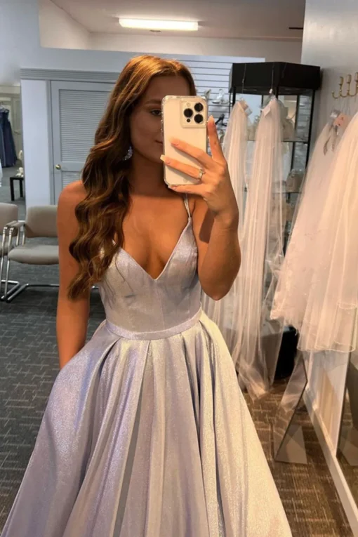 Glitter White Long Prom Dress with Pockets