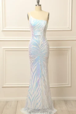 Glitter White One Shoulder Sequins Prom Dress