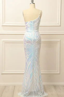 Glitter White One Shoulder Sequins Prom Dress